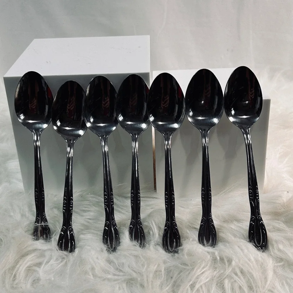 Vintage National Stainless Japan Soup Spoons Floral Scroll Silverware‎ Set of 7